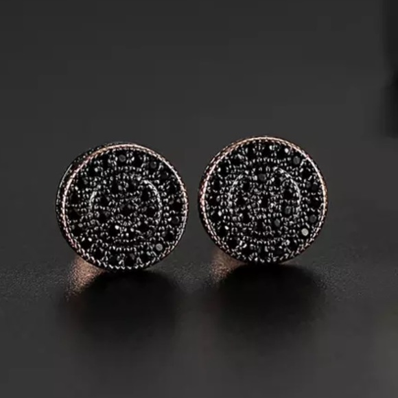 🌑 18K rose gold black round pave stud earrings - Picture 2 of 6
